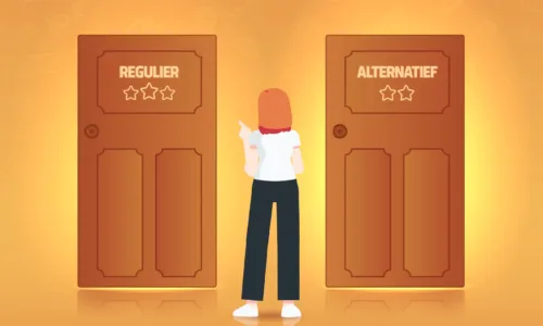 Vrouw staat voor twee deuren en moet kiezen om via reguliere of alternatieve zorg te stoppen met roken