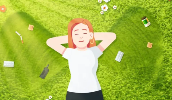 Vrouw ligt blij in het veld nadat ze is getopt met roken in de lente. Er liggen hulpmiddelen om haar heen.